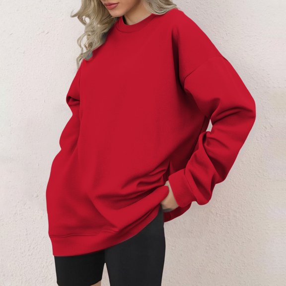 Women's Solid Color Crewneck Sweatshirt, Soft Long Sleeve Pullover Top for Fall Winter, Casual Comfortable Daily Wear Loungewear, All Season Basic Wardrobe Essential for Women Red XXXL