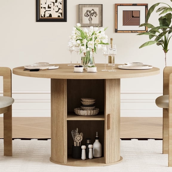 LAZZO 47" Round Dining Table with Storage, Modern Fluted Side Shelf, Seats 4-6 for Kitchen Dining Room, Natural Wood Color