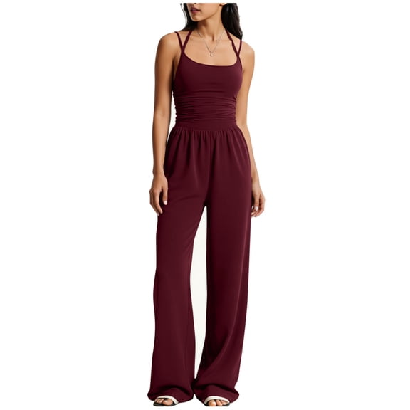 JSKUMAR Women's Date Night Summer Jumpsuit Spaghetti Strap Wide Leg One Piece Pants Ruched Sleeveless High Waisted Suit (Wine,XS)