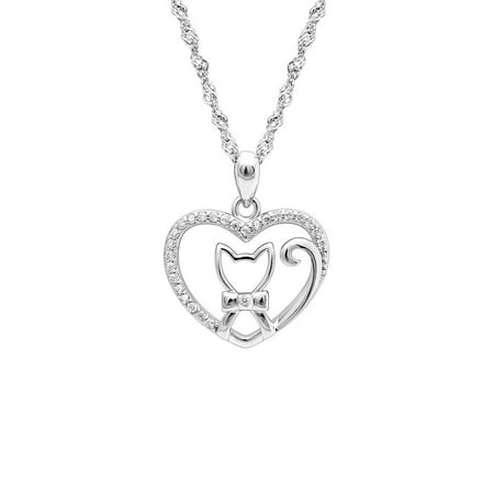 Kitty Cat Design Sterling Silver Cz Pendant Chain Necklace Girls Women