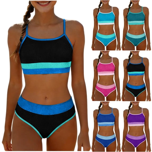 NAISIBABY Girls Bikinis Bathing Suits 16T, Trendy Color Block High Waist Swimsuit Summer Beach Swimwear 2-Piece (5-16T)