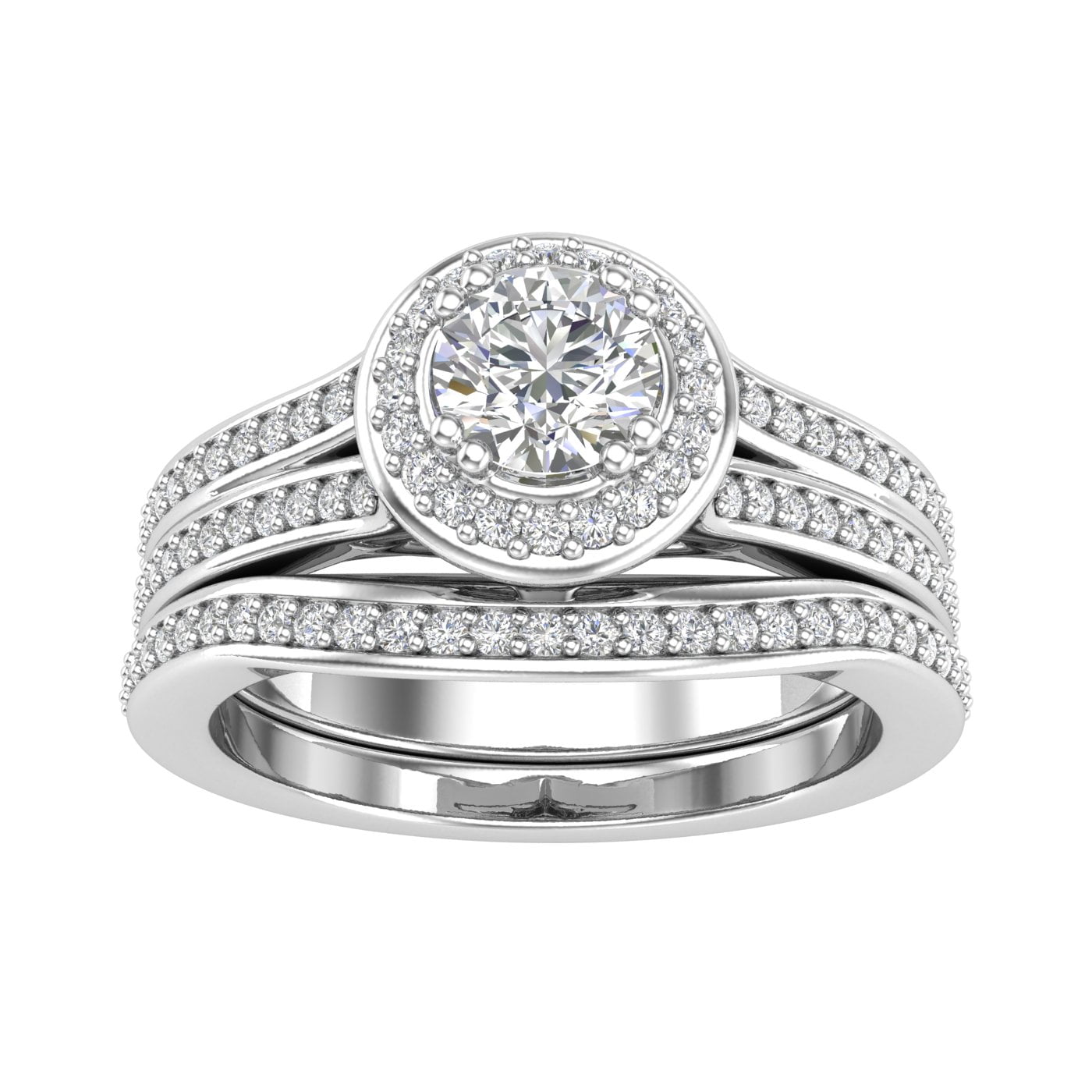 Certified 1.00ctw Diamond Halo Bridal Set Engagement Ring in 10k White Gold