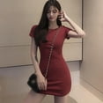 thumbnail image 3 of Ochine Bodycon Dress Solid Color A Line Short Sleeves Slim Fit Round Neck Sexy Dresses Satin One Piece Dress Casual Loungewear Night Club Goingout for Women, M-XL, 3 of 5