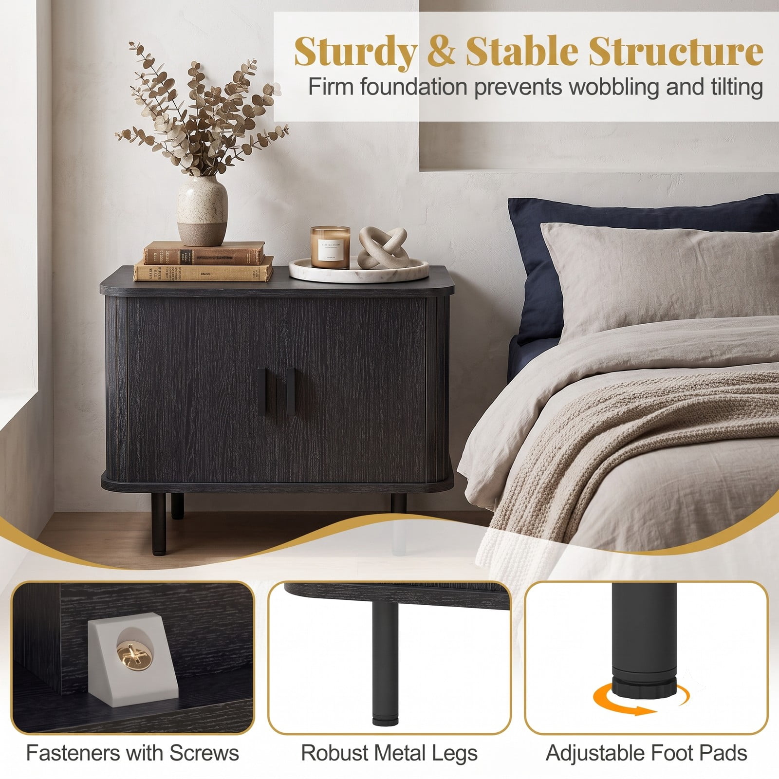 Furnibear End Table Modern Mid Century Nightstand with Sliding Tambour Doors and Storage Shelf for Bedroom Living Room, Black