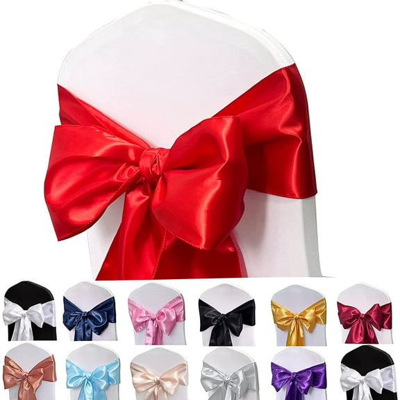 Satin Chair Sashes Bows-50PCS Chair Ribbon Ties Back Sash for Wedding Party Events Banquet Chair Cover Decoration (Red) Red