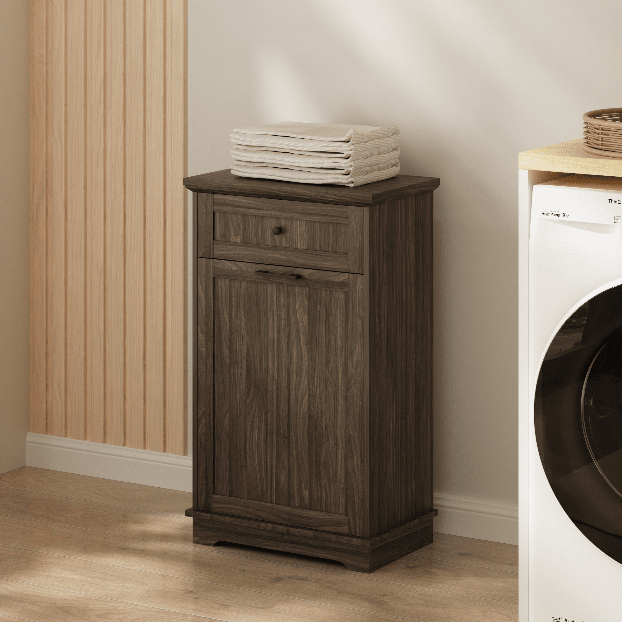 10 Gallon Tilt Out Trash Cabinet Freestanding Trash Bin Cabinet Wood Garbage Recycling Cabinet with Hideaway Drawer Pet Proof Trash Can Holder for Kitchen Living Room, Antique Brown (not include can)