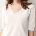 thumbnail image 5 of Fartey Womens Short Sleeve Sweaters Fashion Elegant V Neck Knitted Tops Dressy Casual Solid Color Work Blouses Loose Comfy T Shirt Sweater White M-3XL, 5 of 7
