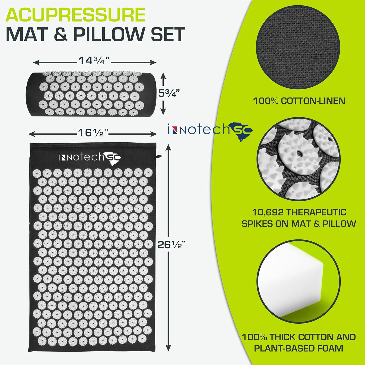 Innotech Sc Acupressure Mat and Pillow Set for Back/Neck Pain Relief and Muscle Relaxation with carrying bag