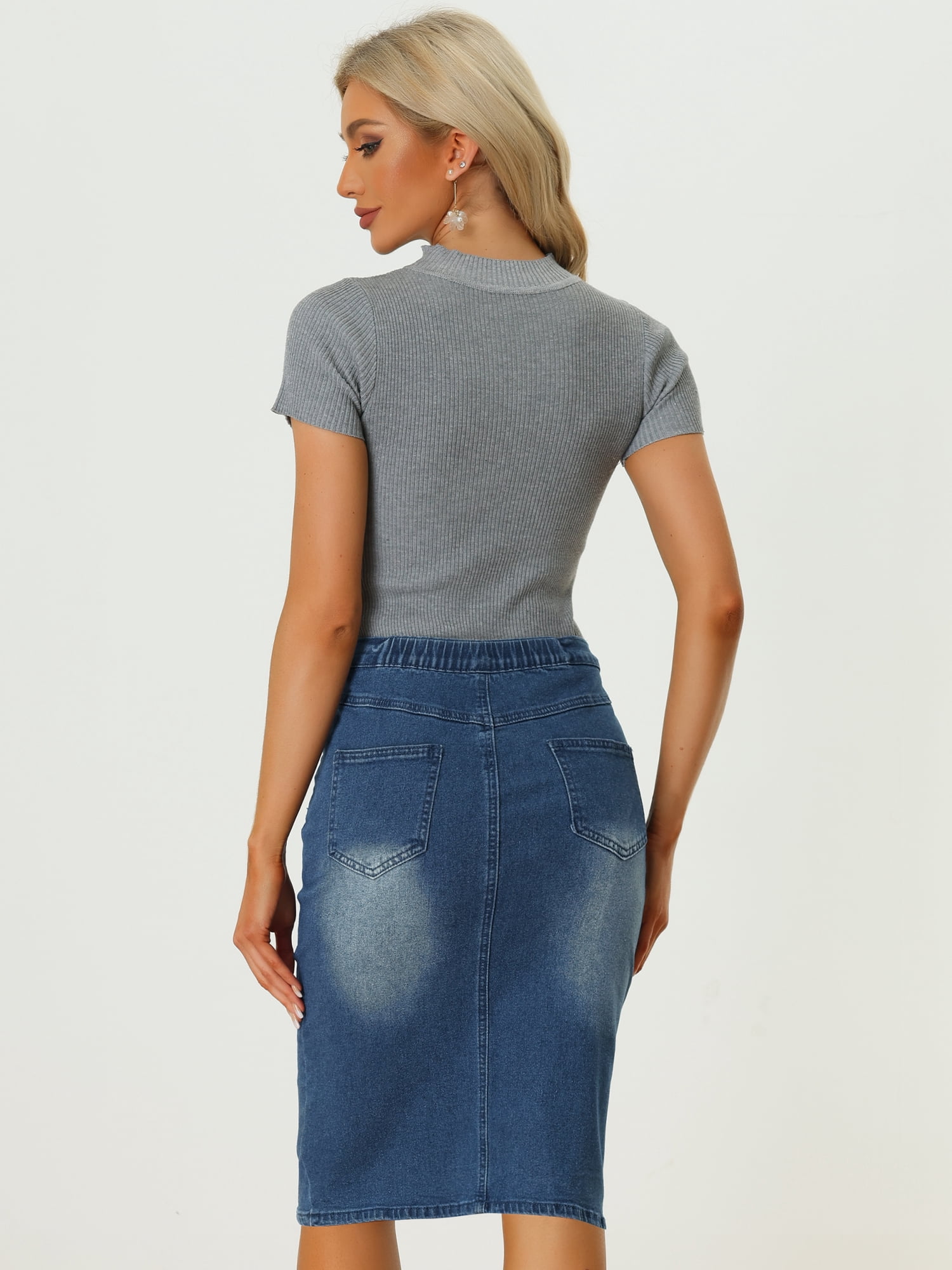 DARING DIVA Women's Split Front Denim Bodycon Midi Skirt M Blue