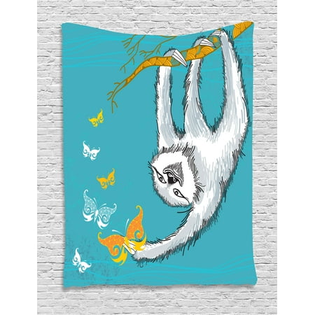 - Sloth Tapestry, Sketchy Sloth with Butterflies Ornate Branch Nature Inspired Art Design, Wall Hanging for Bedroom Living Room Dorm Decor, Teal Pale Grey Orange, by Ambesonne