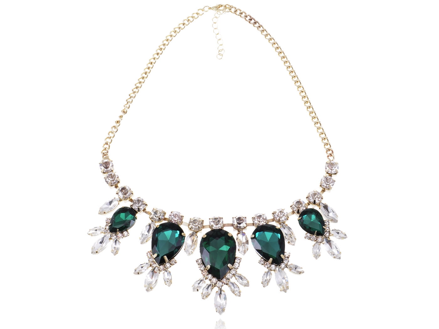 Lady Golden Tone Royal Inspired White Rhinestone Green Teardrop Bead Necklace