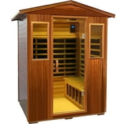 Four Person Khaya Far Infrared Outdoor Sauna Room Natural Wood Wood Stainless Steel Glass