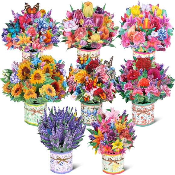 8 Pack Paper Flower Pop Up Cards, Flower Bouquet Card Popup 3D Greeting Cards for Mother's Day, Graduation, Anniversary, Birthday, Congratulations, G