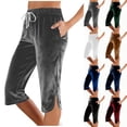 thumbnail image 1 of Pincandy Women's Solid Color Sports Casual Drawstring Elastic Waist Pants with Pockets, Split Hem, 7-Point Length, Casual & Daily Wear, 1 of 7