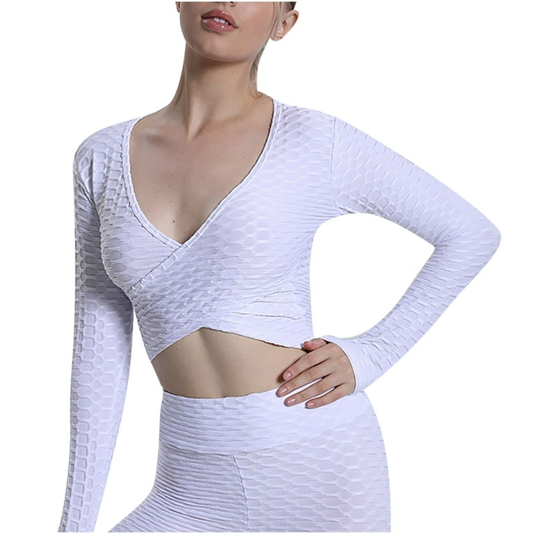 IROINNID On Sale Dry Fit Shirt Women Long Sleeve Gym Clothes for Women  Ladies Solid Sports Chest Deep V Cross Vest No Chest Pad Tops,White