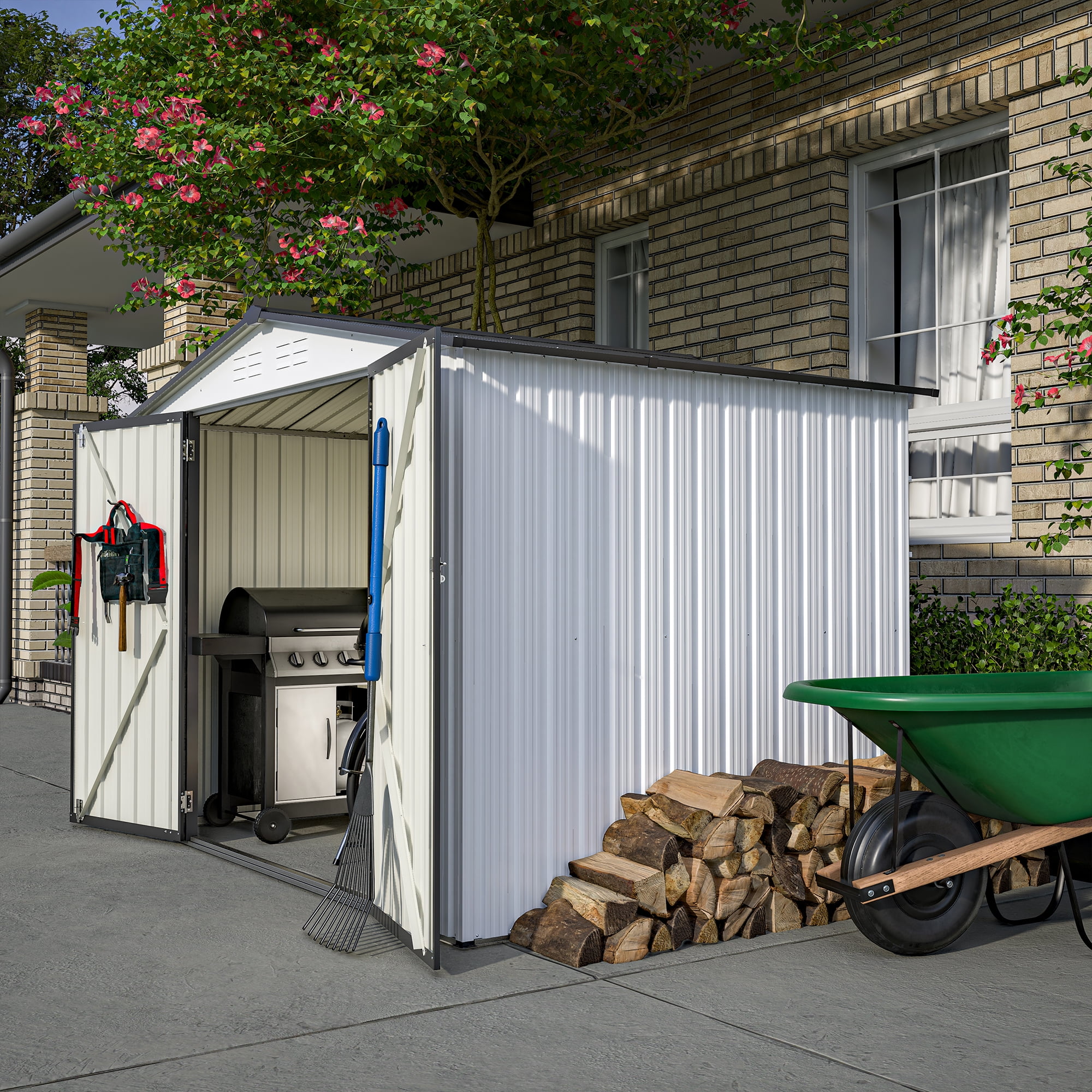 8 x 6 ft Outdoor White Metal Storage Shed, All Weather Metal Sheds with 2 Lockable Doors, Tool Shed for Garden, Backyard and Lawn