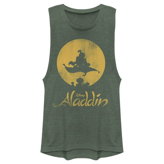 Junior's Aladdin Magic Carpet Ride Silhouette  Festival Muscle Graphic Tee Pine Green Heather Large