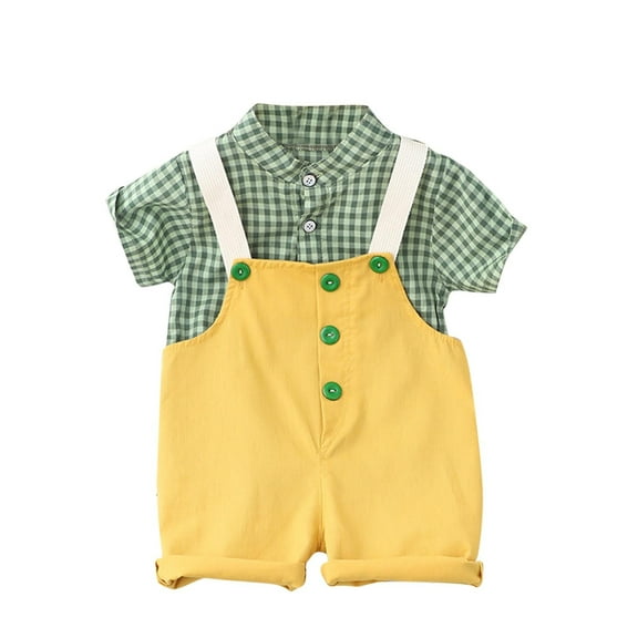 Edvintorg Toddler Boys Clothing Set New Summer Plaid Printed Short Sleeve Button Up Shirt Short Overalls Set Kids Clothes Boys 1-5T