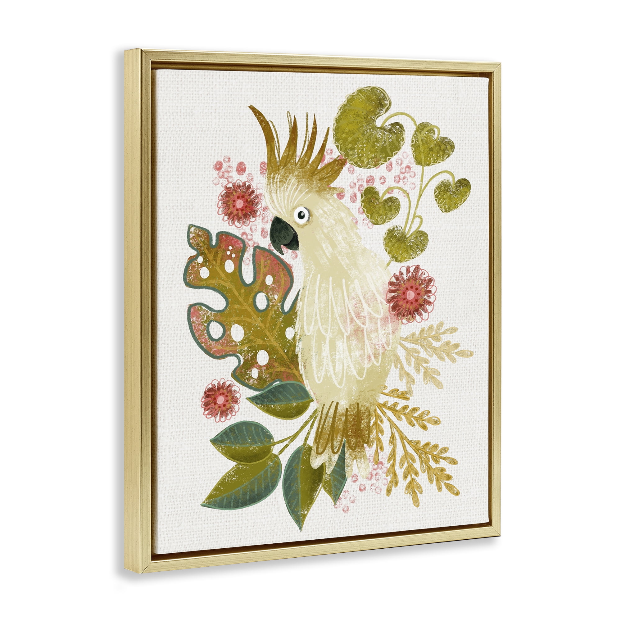 Stupell Industries Cockatoo & Tropical Leaves Animals & Insects Painting Gold Floater Framed Canvas Art Print Wall Art, 25 x 31