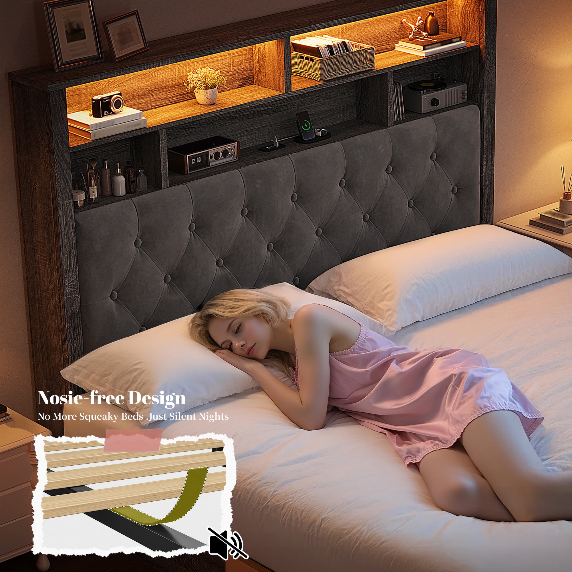 EnHomee Full Size Bed Frame with Headboard and Storage Drawers Bed Frame Full NO Box Spring Needed Full Bed Frame with 2-Tier Storage Shelf & LED Lights & Charging Station