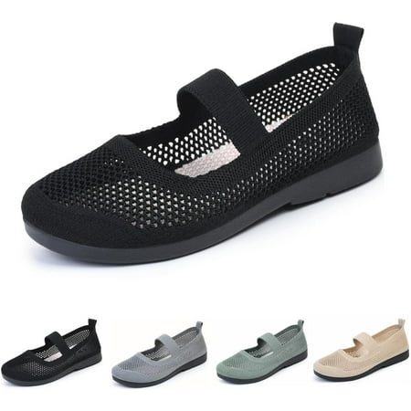 KAQ Women s Casual Hollow Out Knitted Mary Jane Flats Shoes Fashion Comfortable Mesh Walking Beach Shoes Lightweight Breathable Slip-On Shoes
