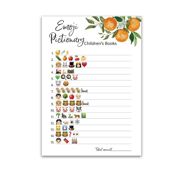 A Little Cutie Theme Emoticon Baby Shower Game — Pack of 25 — Pictionary Children's Books Baby Shower Games, Cuties Citrus Orange emoticon Games, Gender Reveal, Couples Shower Gender Neutral G350-EMJ