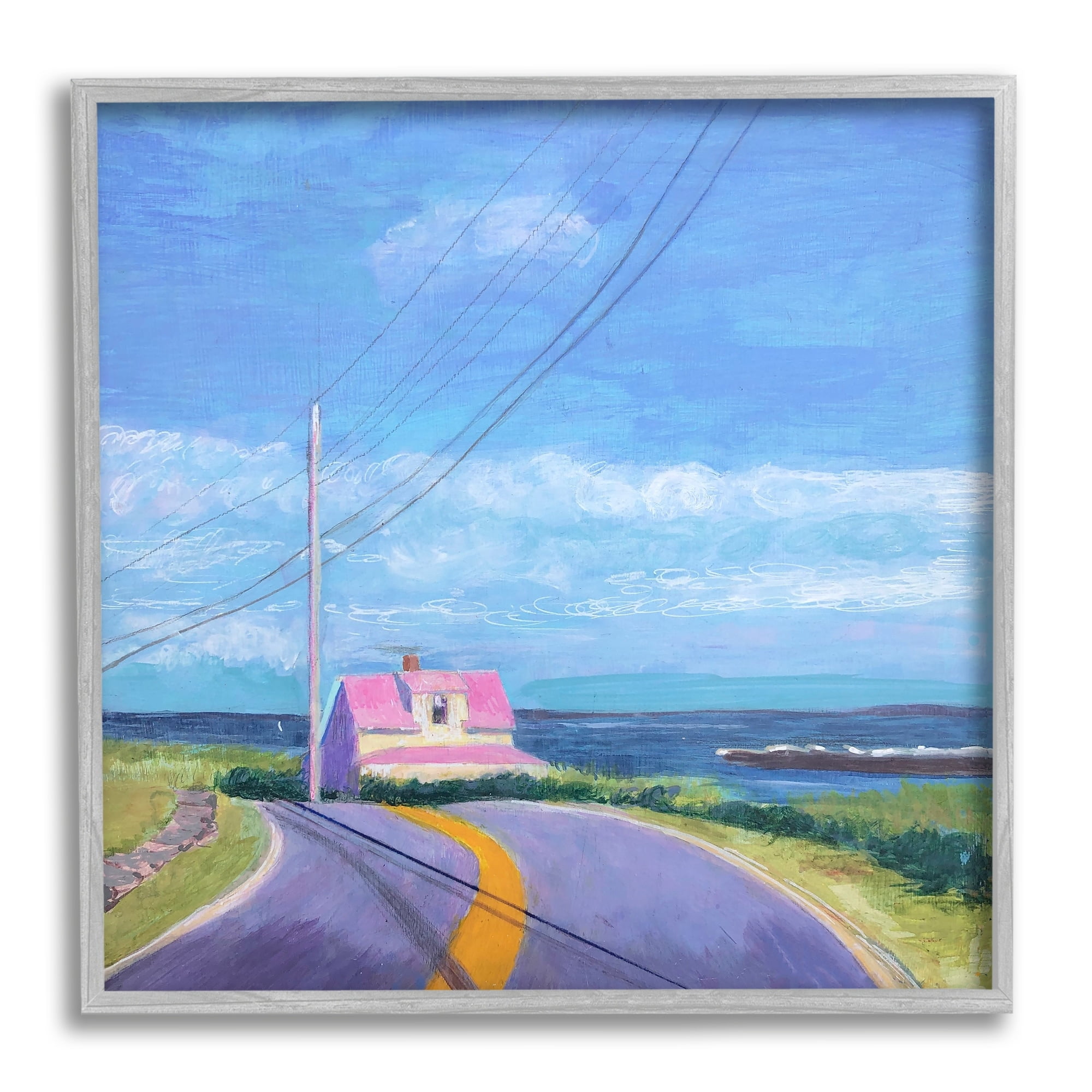 Stupell Industries Vivid Seaside Cottage Road Calm Ocean Breeze Painting Gray Framed Art Print Wall Art, Design by Sweetwater
