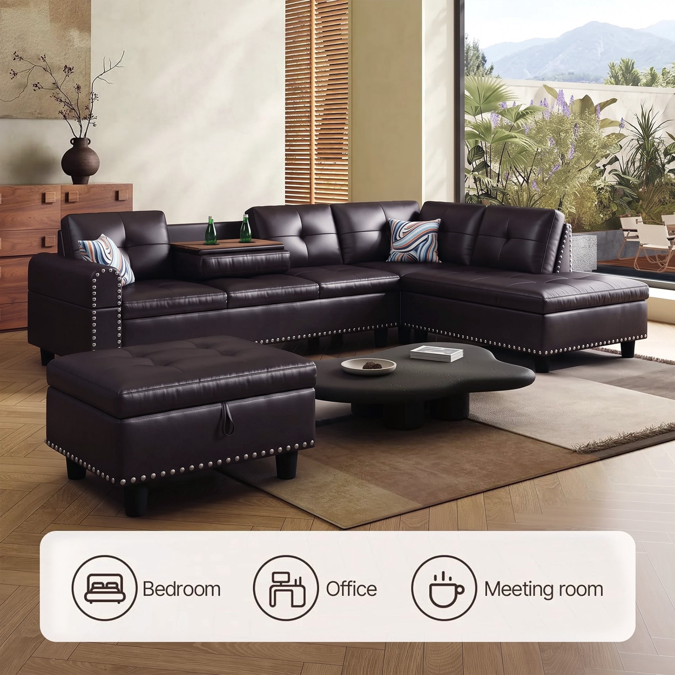 AENKYO 98" L-Shaped Sectional Sofa with Reversible Chaise, Storage Ottoman & Cup Holders, Faux Leather, Brown