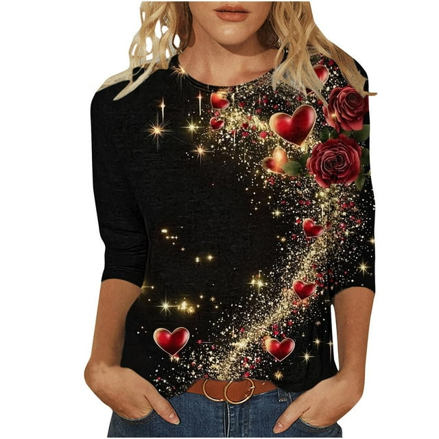 FMFYFH T-Shirts Grande Taille de la Saint-Valentin pour Femmes Manches 3/4 Col Ras du Cou T-Shirts Basiques T-Shirts Décontractés Mode T-Shirts de Travail Business Haut