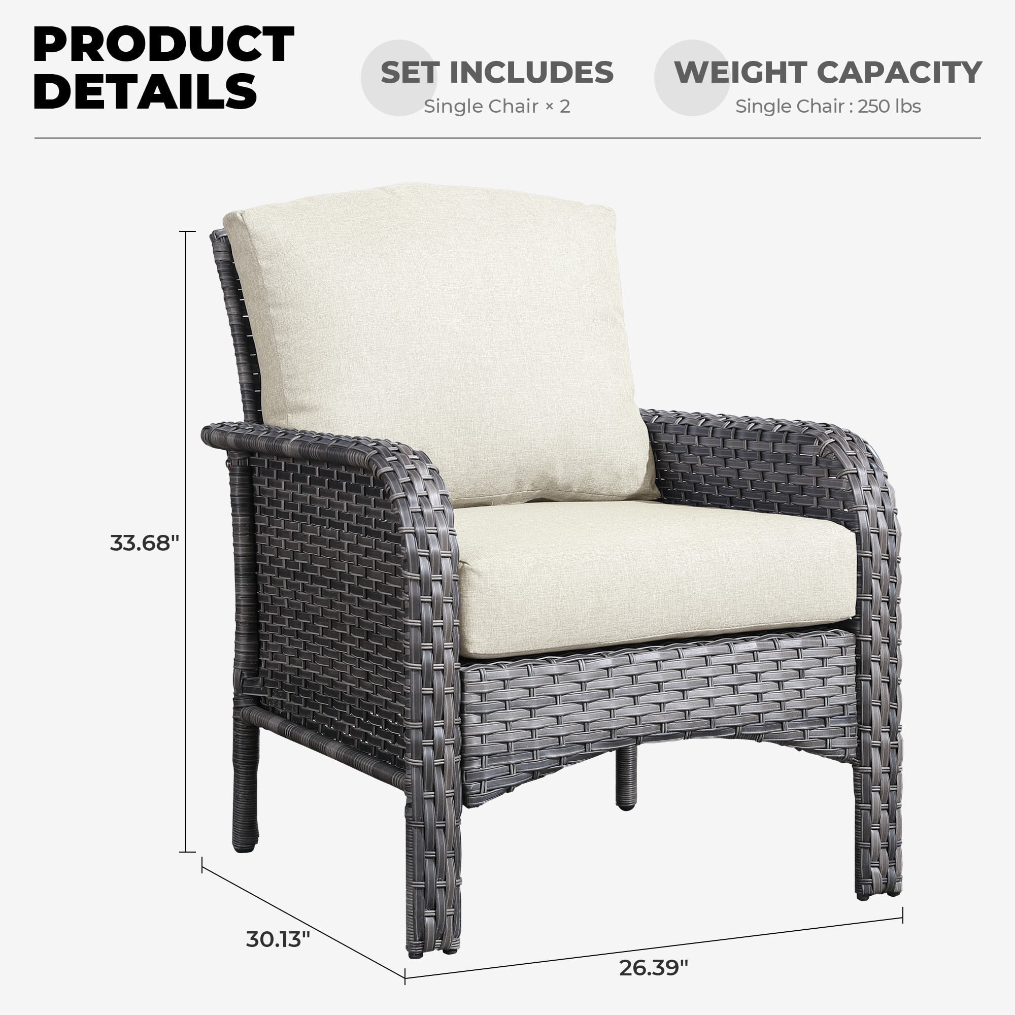 Ovios Patio Chairs Set of 2 All-Weather Wicker Patio Furniture Chairs Set Rattan High-Back Outdoor Armchairs with Cushions, Beige