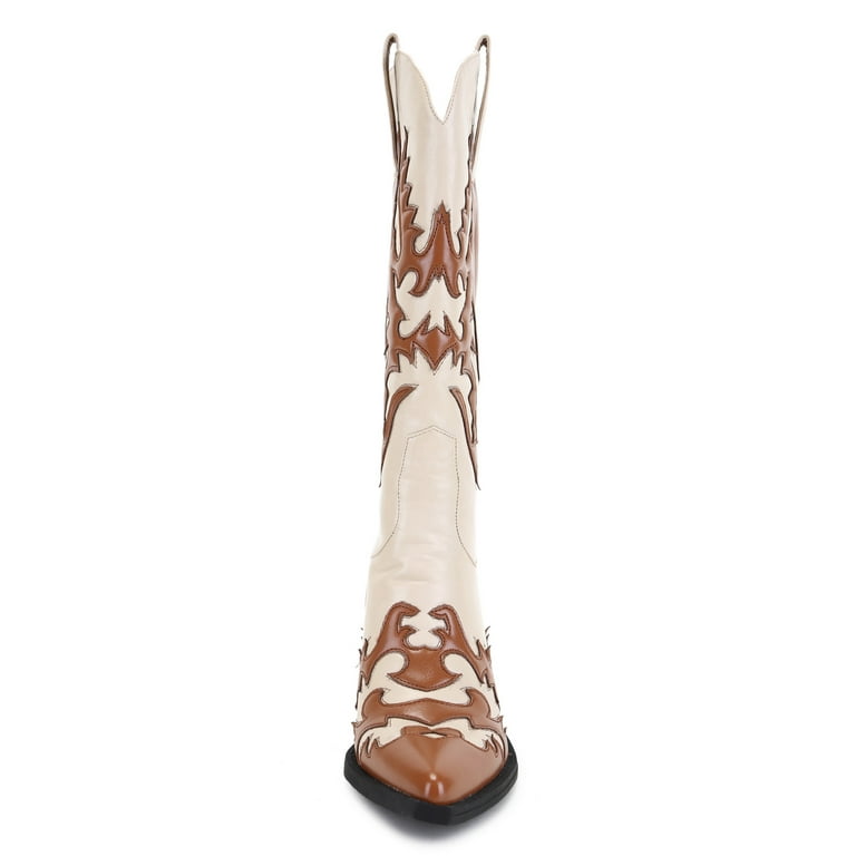 Ferwind Women s Western Cowboy Knee High Stich Patterns Pull on Boots Burgundy Ivory 7.5