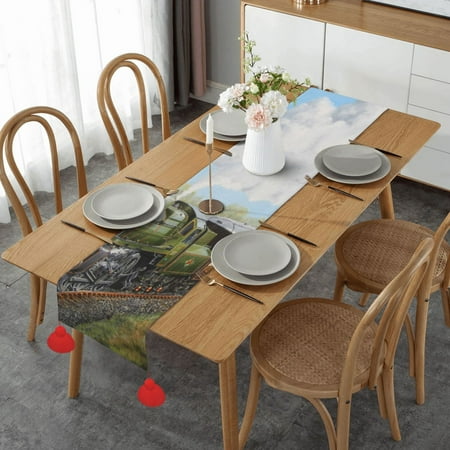 

Steam Train And Railway Table Runner Imitation Linen Table Runner With Red Tassels For Party And Dining Room 14 x 60