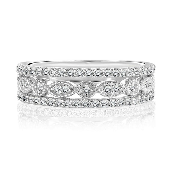 JeenMata Harmonizing Wedding Band Trio Set for Women in 18K White Gold over Silver