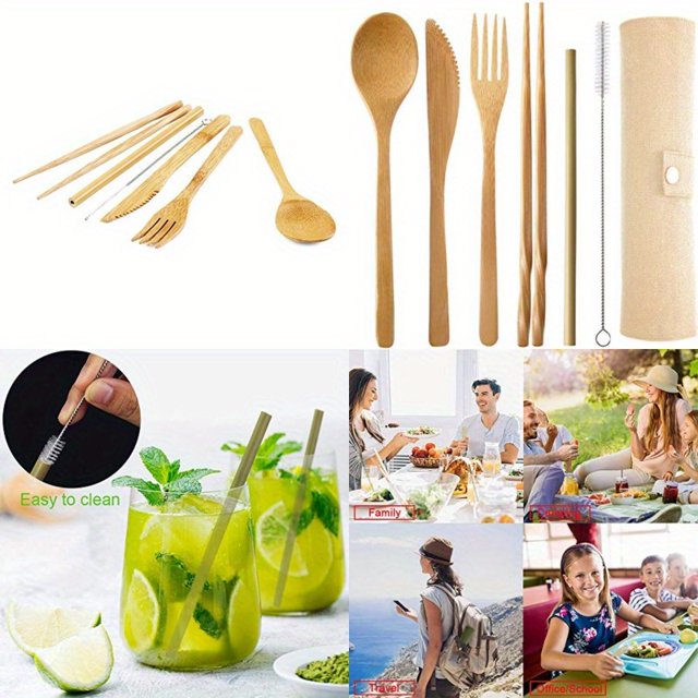 QUTETN Bamboo Travel Cutlery Set Include Reusable Knife Fork Spoon Chopsticks Straw Bamboo Utensils Camping Flatware Travel Utensil Set for Picnic Offi and School Lunch
