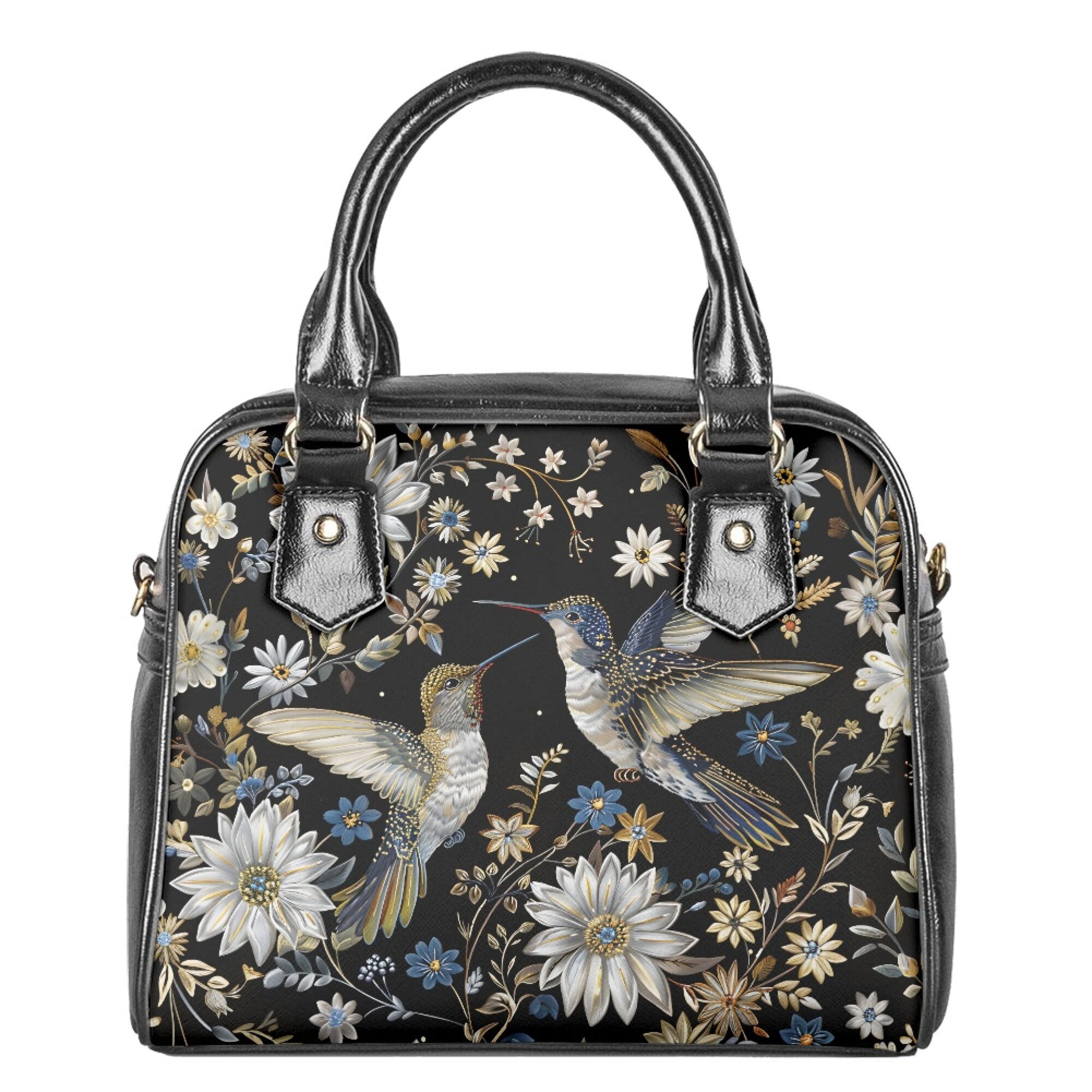 Tutolipy Hummingbird Floral Printed Satchel Bags for Women, Leather Purses and Handbags Large Capacity Shoulder Bag, Top Handle Satchel Lightweight Crossbody Shoulder Bag for Shopping, Black