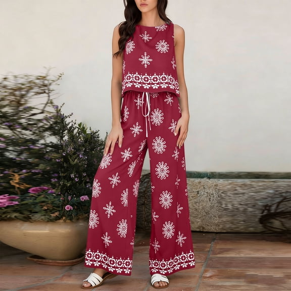 Costeam Womens Allover Floral Print Two Piece Outfit Cropped Sleeveless Top And Drawstring Waist Wide Leg Pants Hidden Side Pockets Lightweight Woven Fabric Loose Fit Casual Co Ord Matching Set