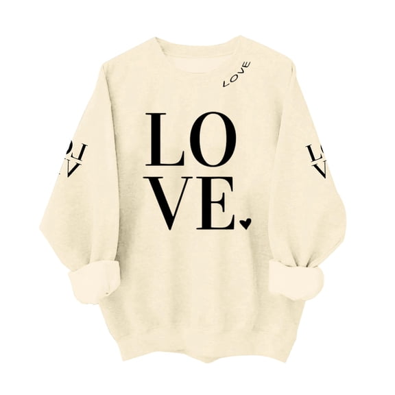 Valentine's Day Love Print Women's Hoodless Long Sleeve Crewneck Casual Pullover Top Soft Athletic Wearfor Daily Outfits Loose Womens Sweatshirts A-Beige L
