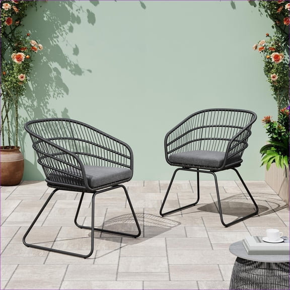 Outdoor Patio Dining Chairs, 2-Piece Set with Water-Resistant Cushions, Transitional Style for Backyard | Gray | PE Rattan Iron