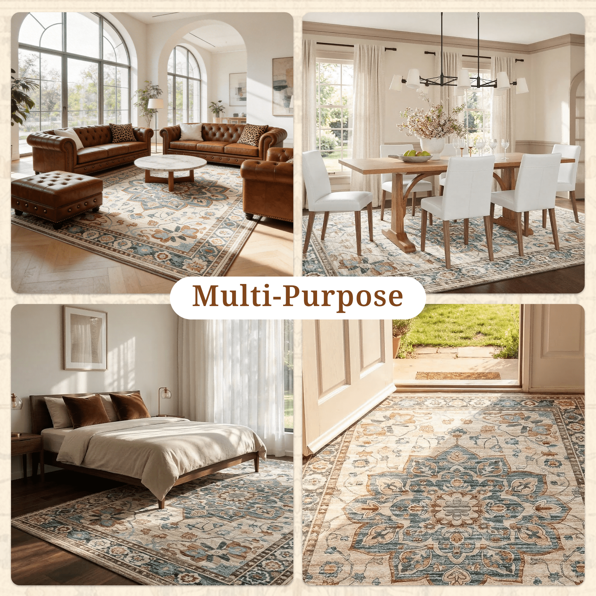 LIFERECORD 8x10ft Boho Area Rug Washable Non-Slip, Modern Geometric Neutral Vintage Low-Pile Carpet for Living Room, Bedroom, Dining Room, Kitchen