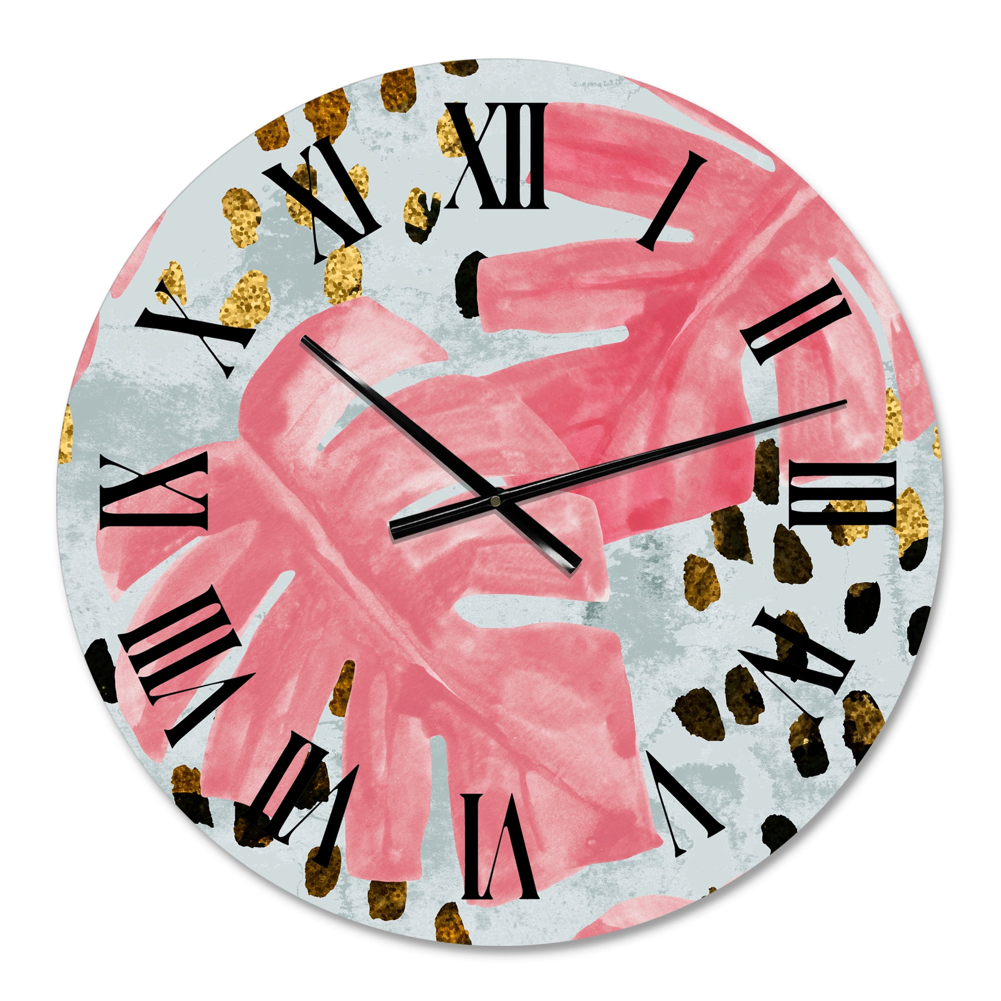Designart 'Pink Colored Monstera On Rough Brush Strokes Ii' Tropical Wall Clock