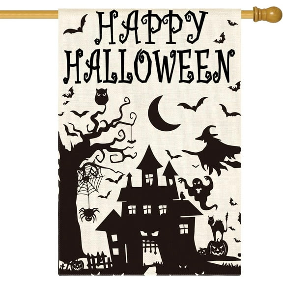 Happy Halloween House Flag 28x40 Inch Double Sided Outside, Haunted House Bat Witch Ghost Yard Outdoor Decorative Flag