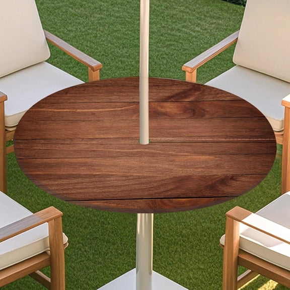 Round Outdoor Tablecloth, Zipper Tablecloth with Umbrella Hole, Wood Grain Elastic Tablecloth for Picnic Party Patio(G,52)