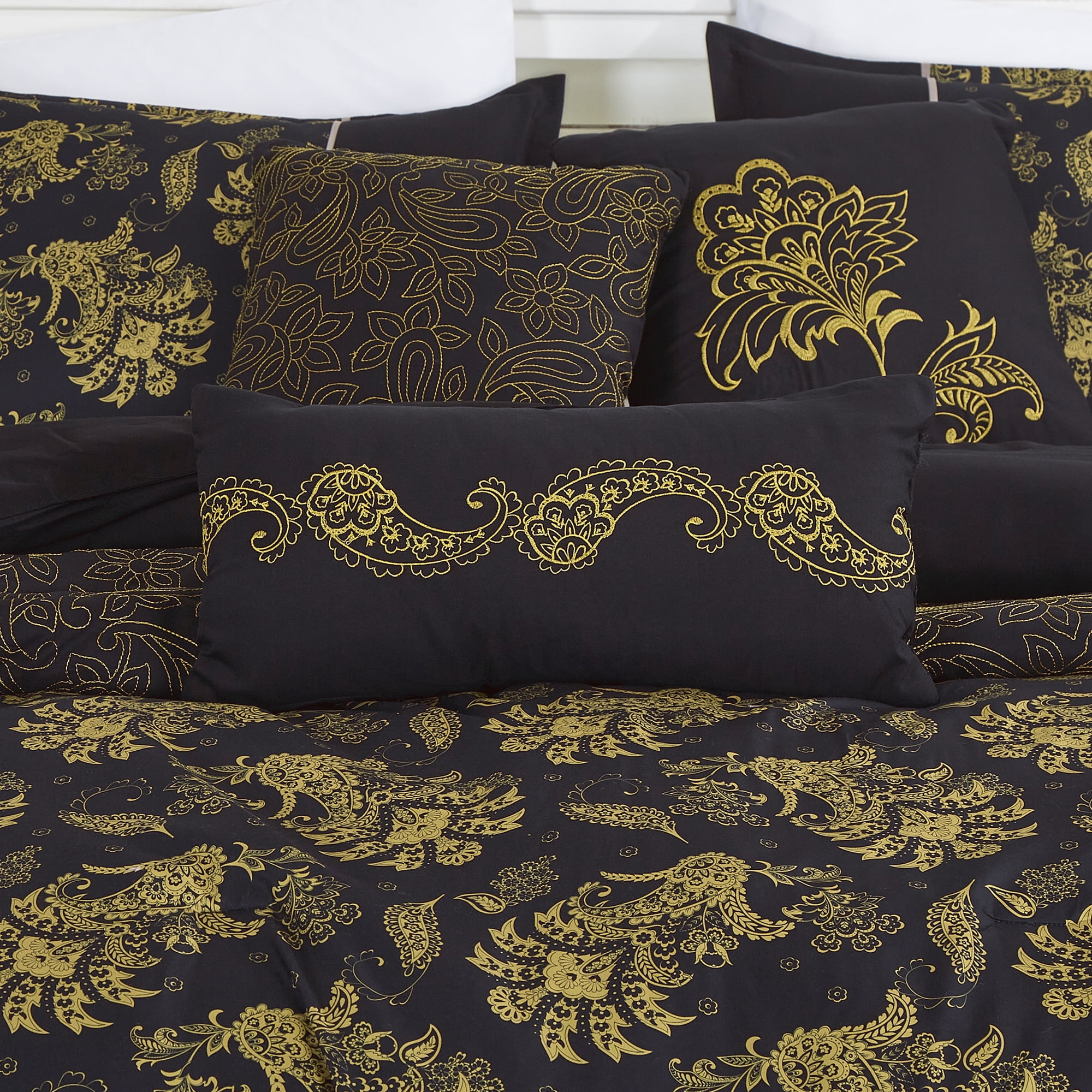 Luxury 7-Piece Black and Gold Floral Comforter Set, Elegant Embroidered Bedding with Decorative Pillows, Queen