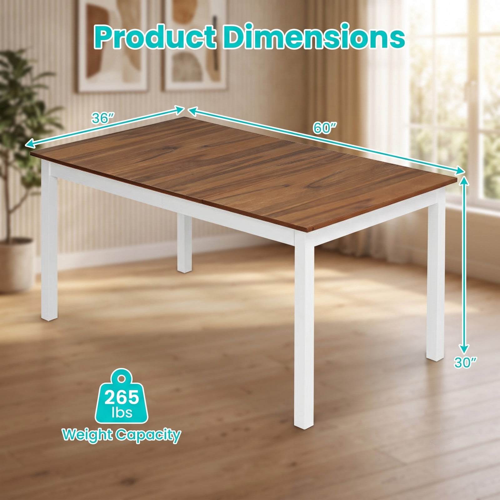 Furnibear 60 Inch Rectangular Dining Table for 6, Kitchen Dinner Table with Solid Rubber Wood Legs and Spacious Wood Grain Tabletop for Dining Room Restaurant, Brown
