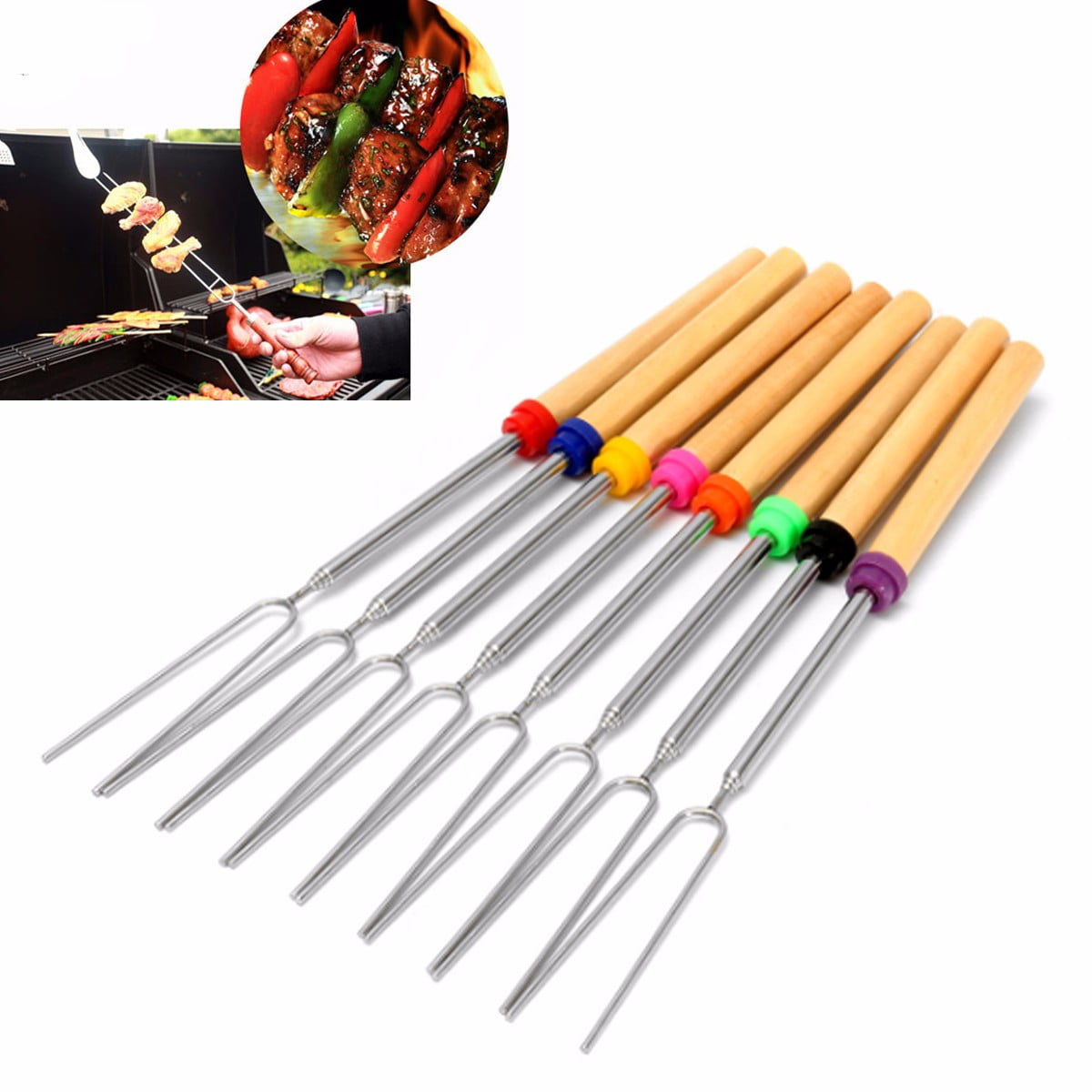 Barbecue Skewers Wood Handle Marshmallow Roasting Sticks Meat Hot Dog Fork 12pcs 