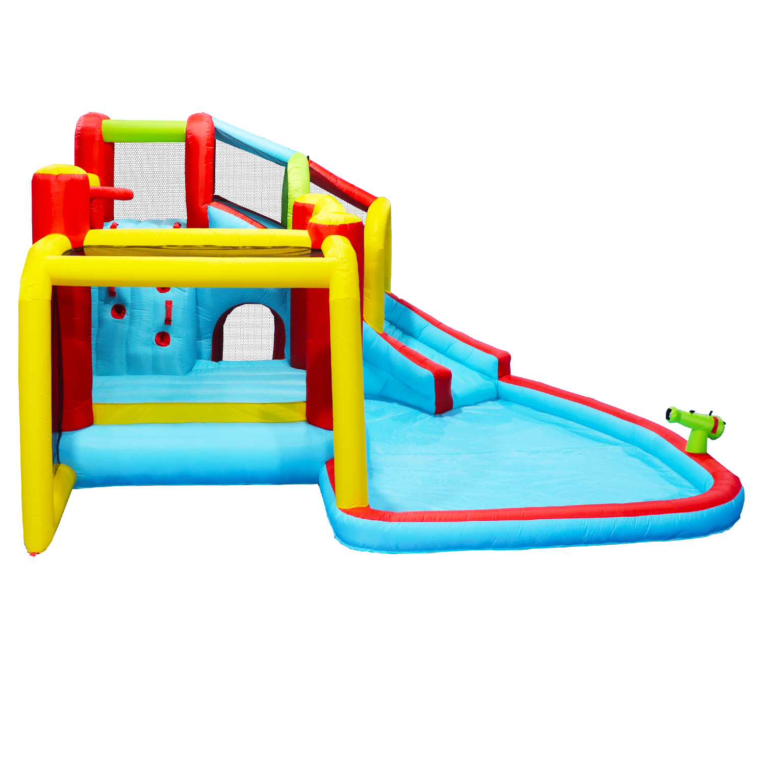 Inflatable Slide Water Park Complete Setup for Kids 3 - 10, Bouncer Play House Outdoor Soccer with Splash Pool & Water Spray & Climbing Wall & Basketball & Football - 177 L * 137 W * 94.4 H (inch)