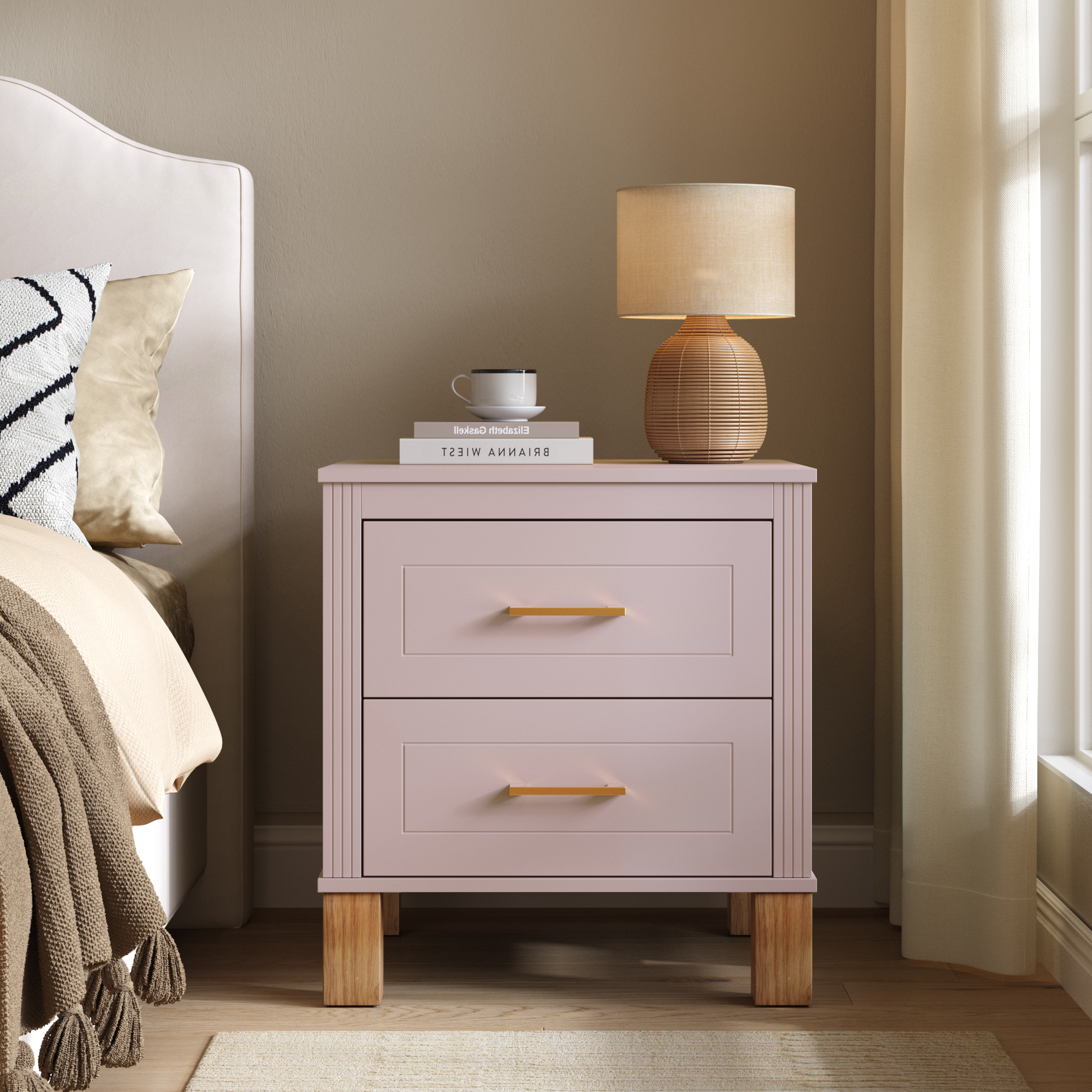 Leumius Nightstand for Bedroom,Wood Bedside Table with 2 Drawer & Solid Wood Legs,Small Storage Cabinet for Living Room,Pink