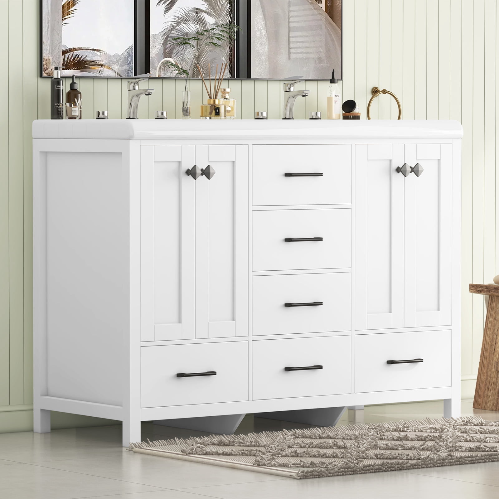 Caulitar 47" Large Bathroom Vanity with Double Ceramic Sink Top, Freestanding Vanity Cabinet 6 Drawers and Shelves, White