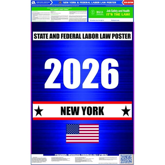 New York (NY) 2026 State Labor Law Poster - State, Federal and OSHA Compliant Laminated Poster - Perfect for the Workplace Posting - Clear and Easy-to-Read Format - 20 Inch by 36 Inch - English