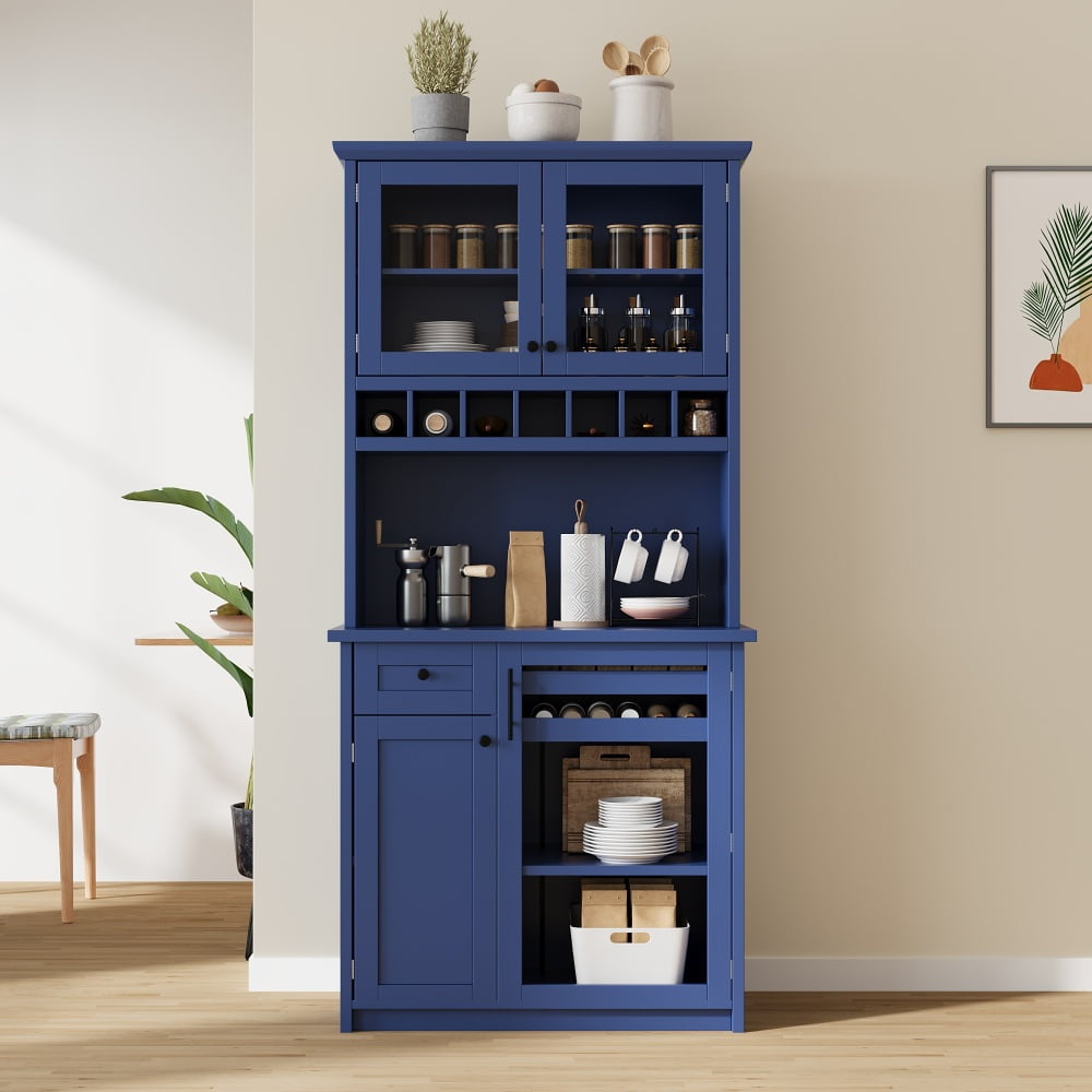 Farmhouse Freestanding Buffet with Hutch, Tall Kitchen Pantry Storage Cabinet with Wine Rack, Adjustable Shelves and Glass Doors for Dining Room, Blue